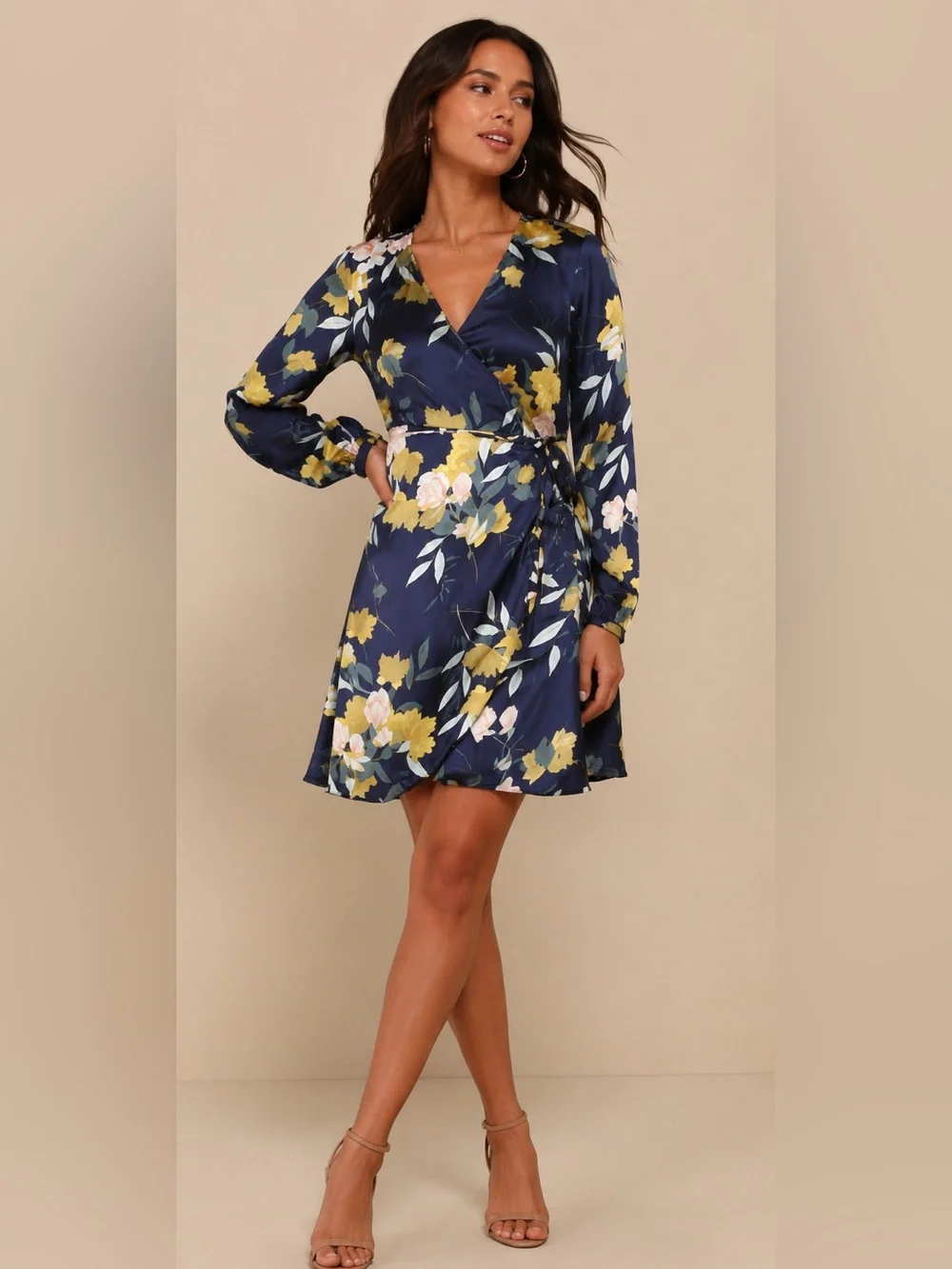 Lulus Love Is Life Navy Blue Satin Floral Print Wrap Dress